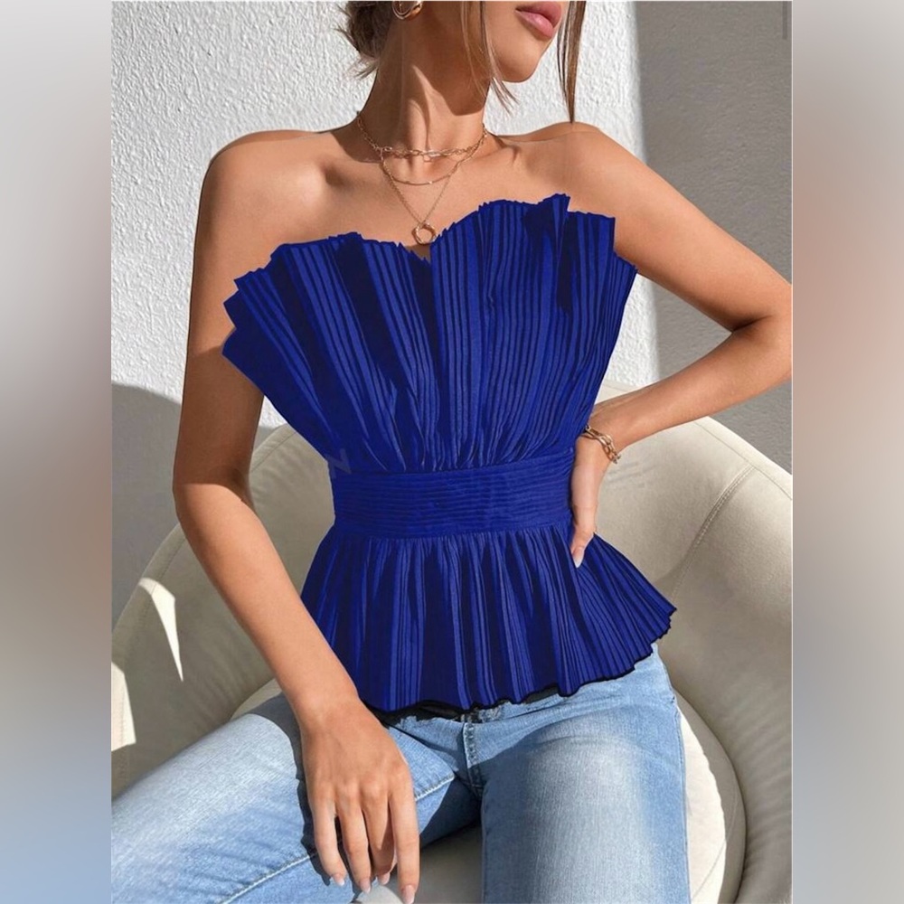 Ruffle bustier top Pleated strapless corset tube black 6 M Sweetheart peplum t